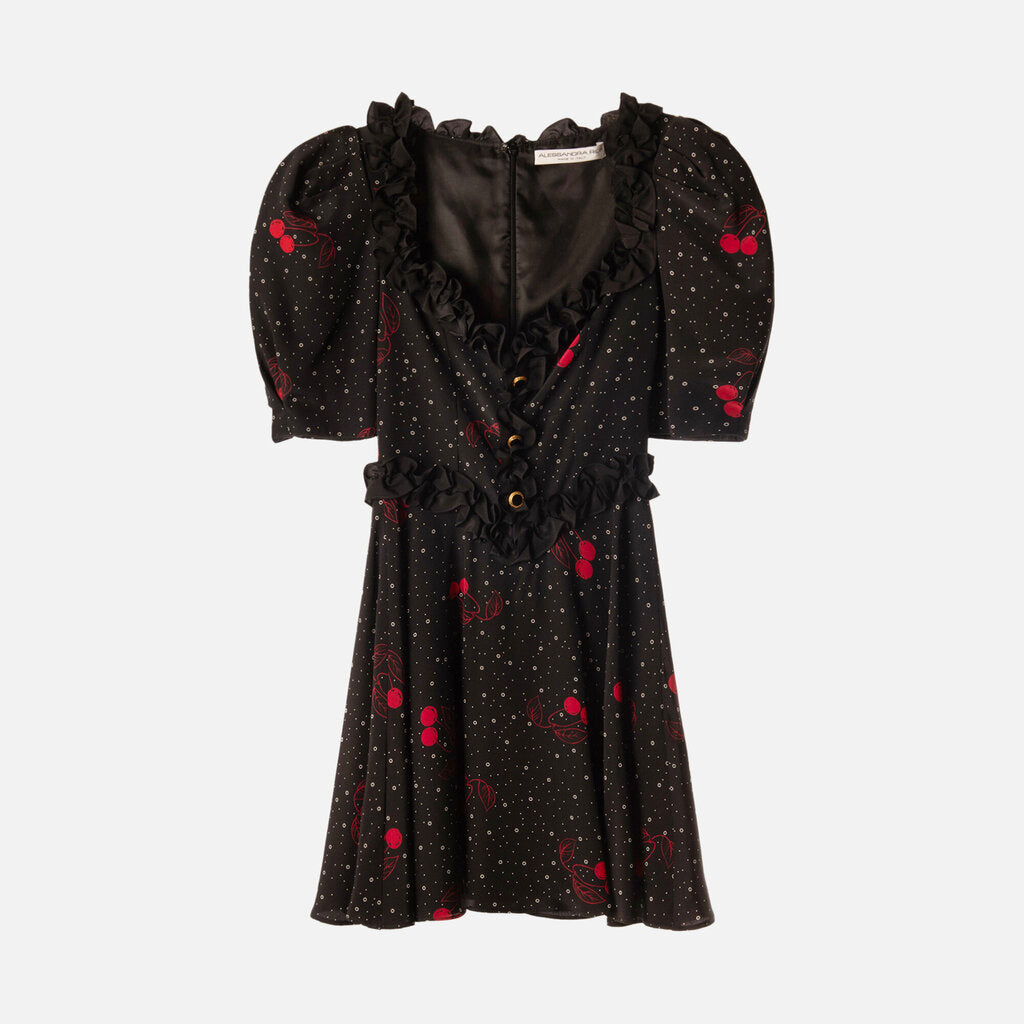 Alessandra Rich Black Silk Cherry Print Dress