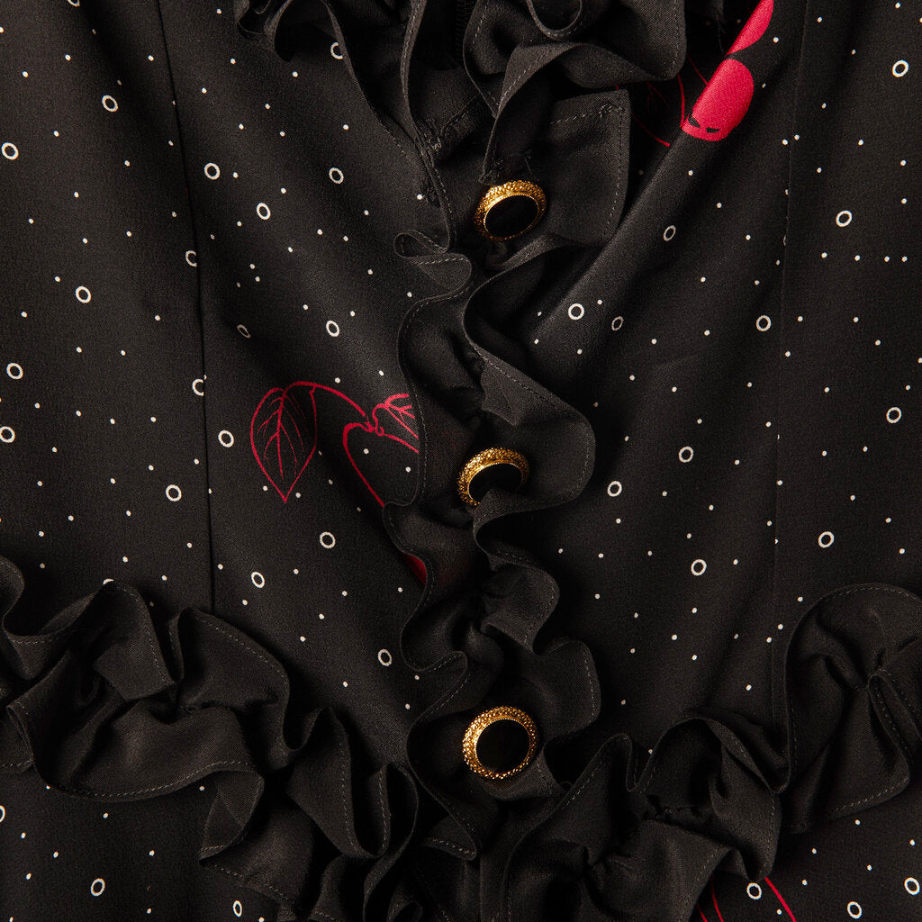 Alessandra Rich Black Silk Cherry Print Dress