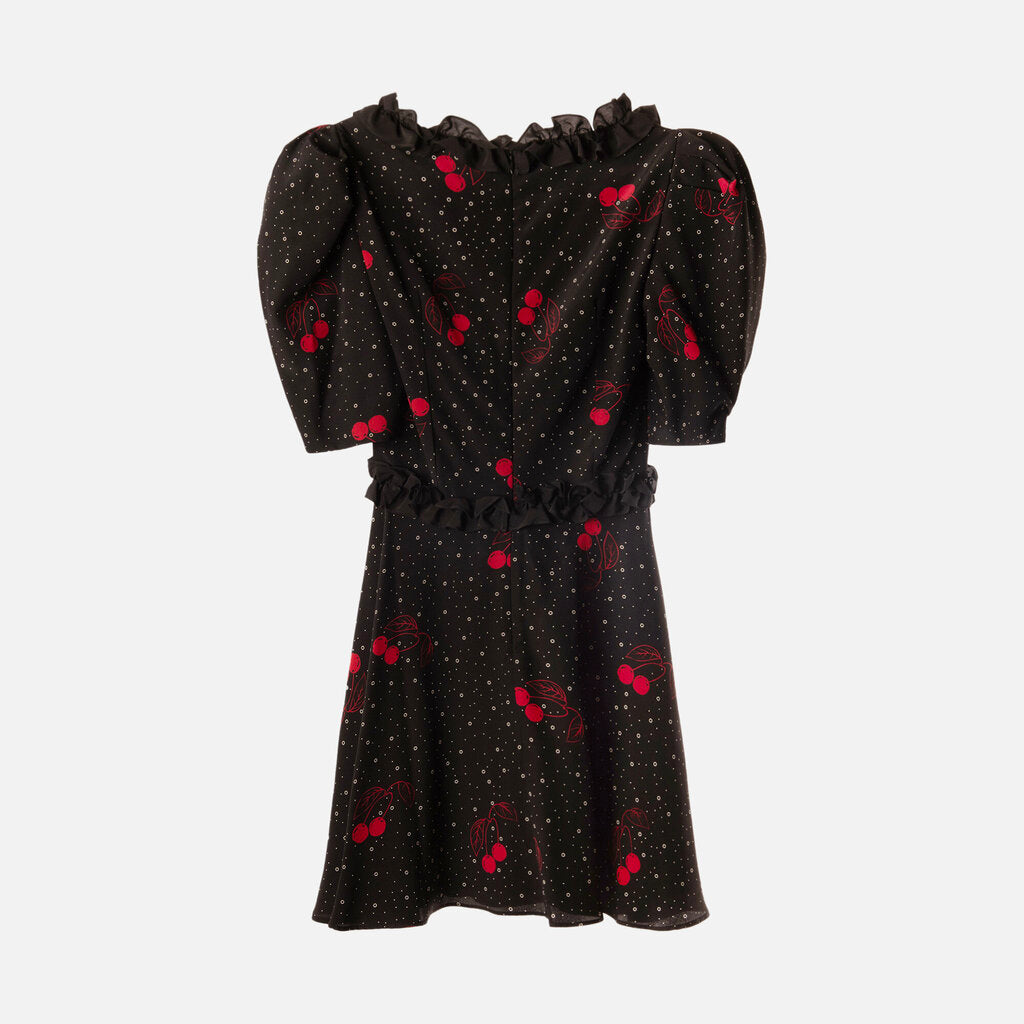 Alessandra Rich Black Silk Cherry Print Dress