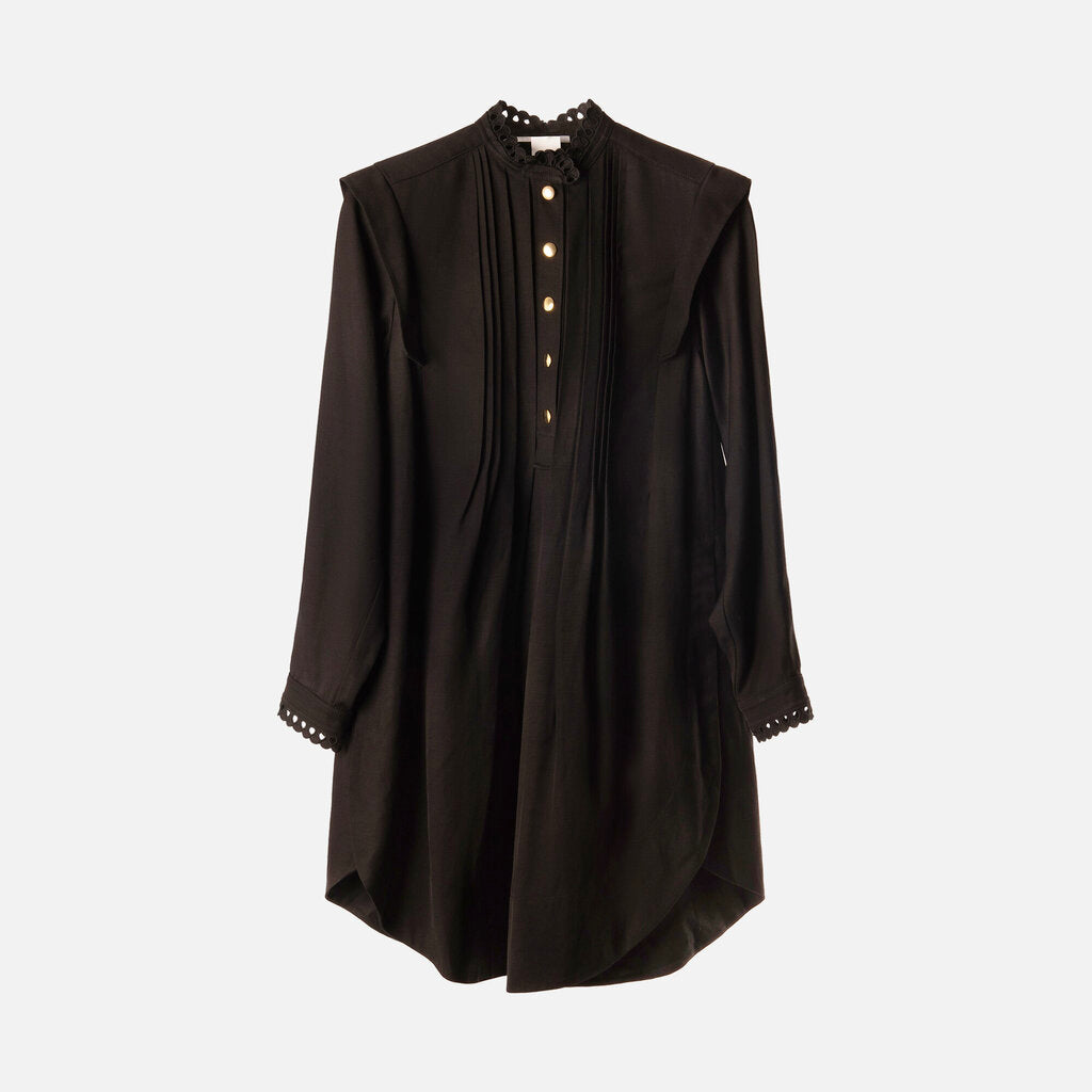 Chloe Black Viscose/Linen Pintuck Shirt Dress