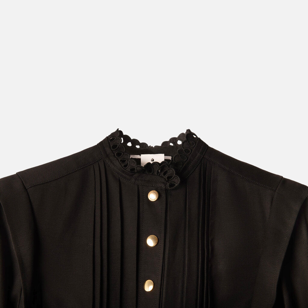 Chloe Black Viscose/Linen Pintuck Shirt Dress