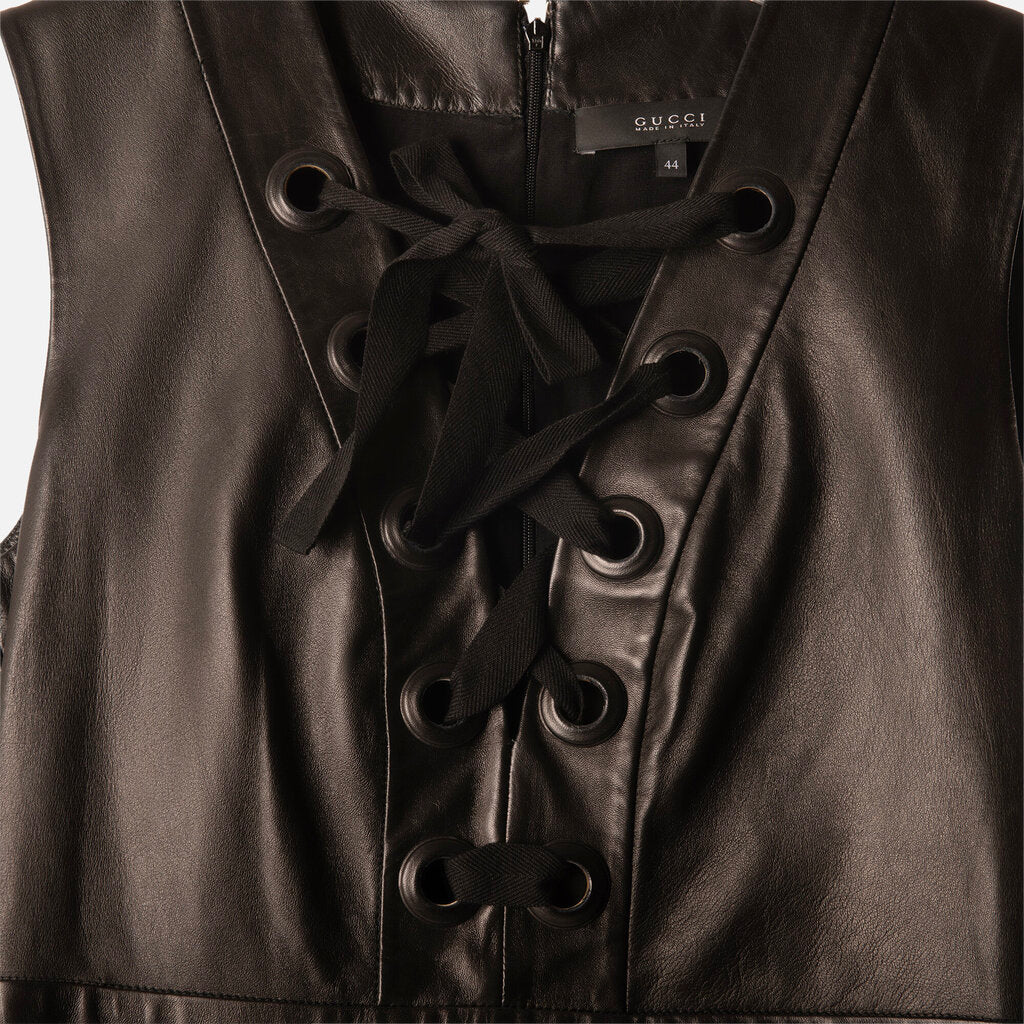 Gucci Black Leather Lace Detail Dress