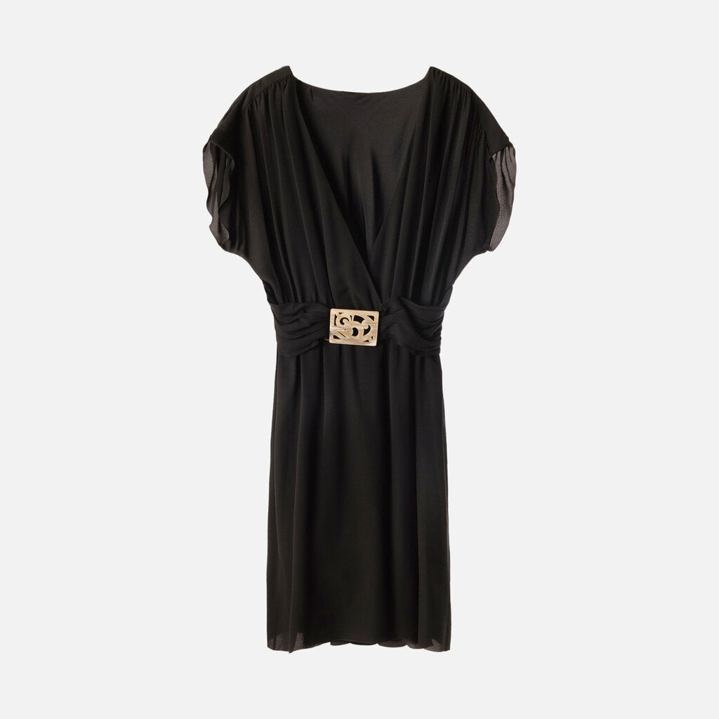 Valentino Black Silk & Mother of Pearl Detail Belted Dress