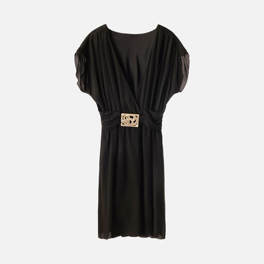 Valentino Black Silk & Mother of Pearl Detail Belted Dress