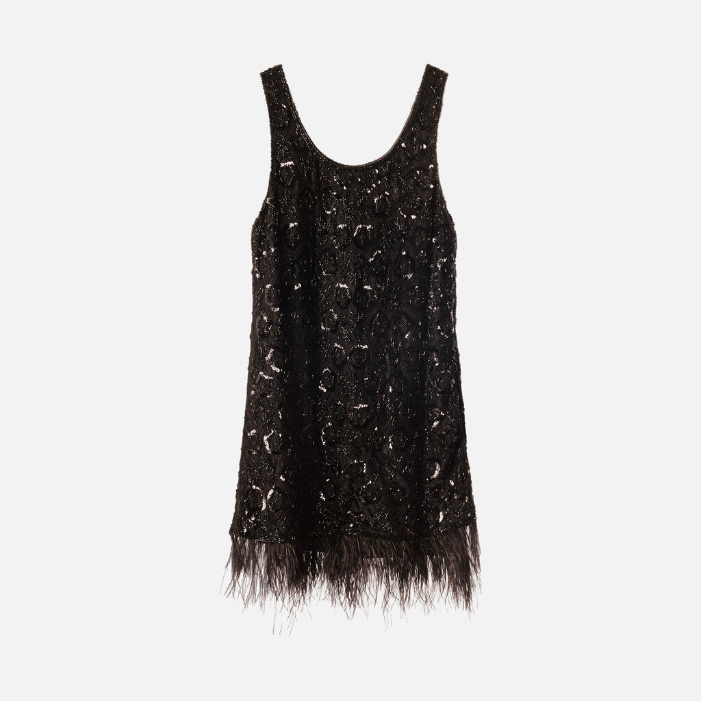 Sea New York Black Beaded Feather Trim Mini Dress