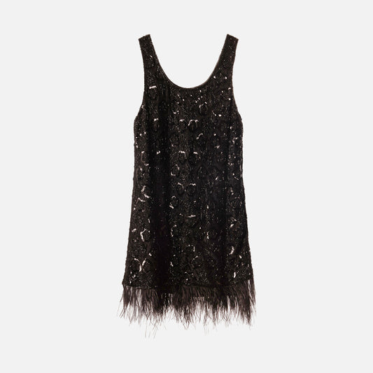 Sea New York Black Beaded Feather Trim Mini Dress