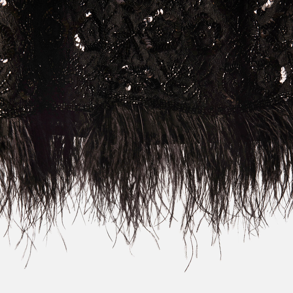 Sea New York Black Beaded Feather Trim Mini Dress