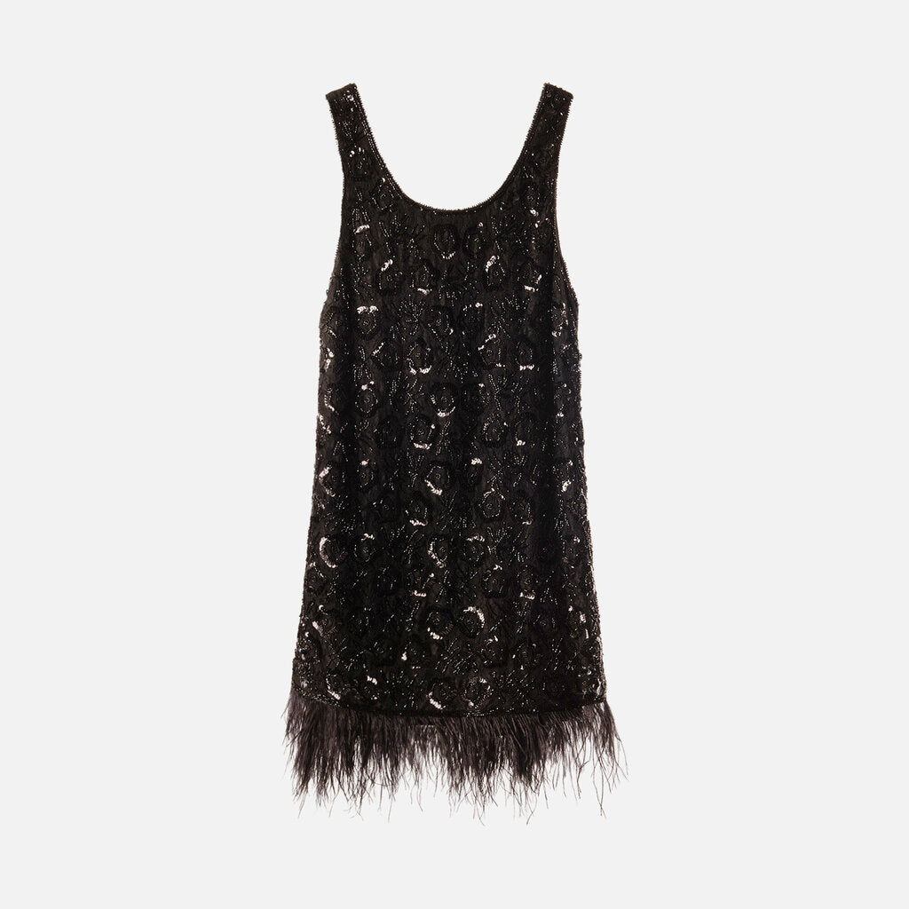 Sea New York Black Beaded Feather Trim Mini Dress