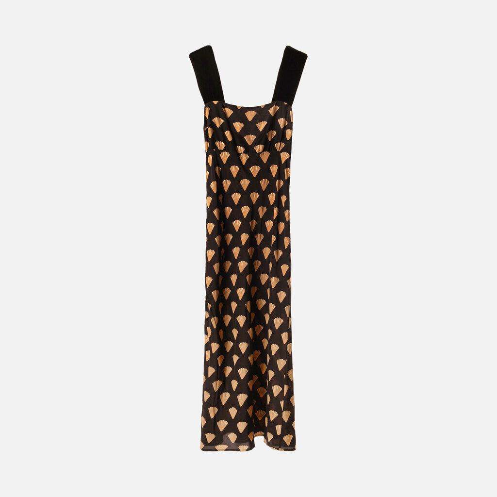 Rixo Black/Beige Silk Shell Print Midi Dress