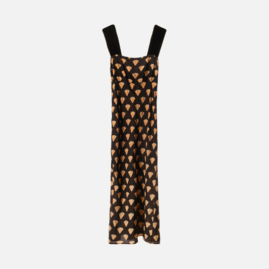 Rixo Black/Beige Silk Shell Print Midi Dress