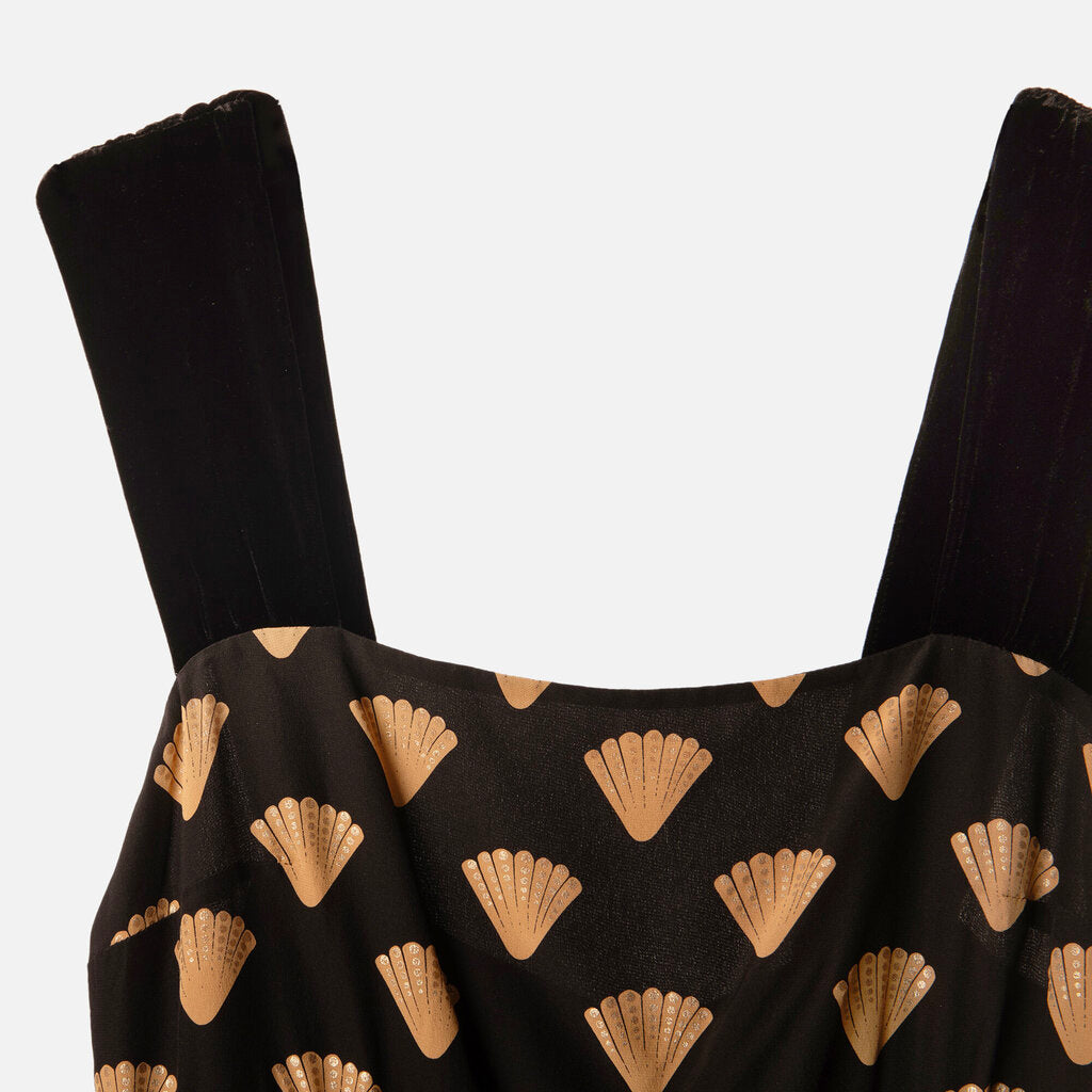 Rixo Black/Beige Silk Shell Print Midi Dress
