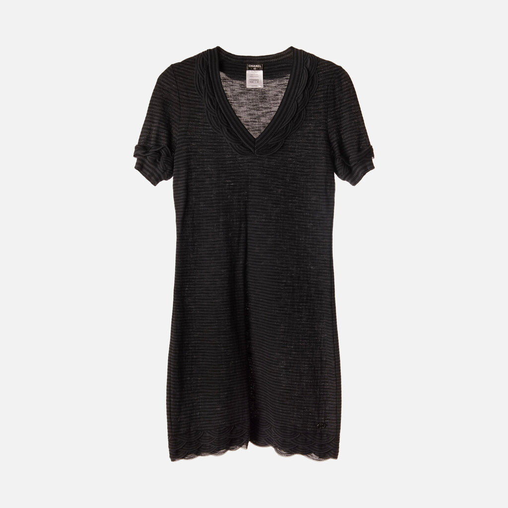 Chanel Black Striped Viscose/Wool Dress