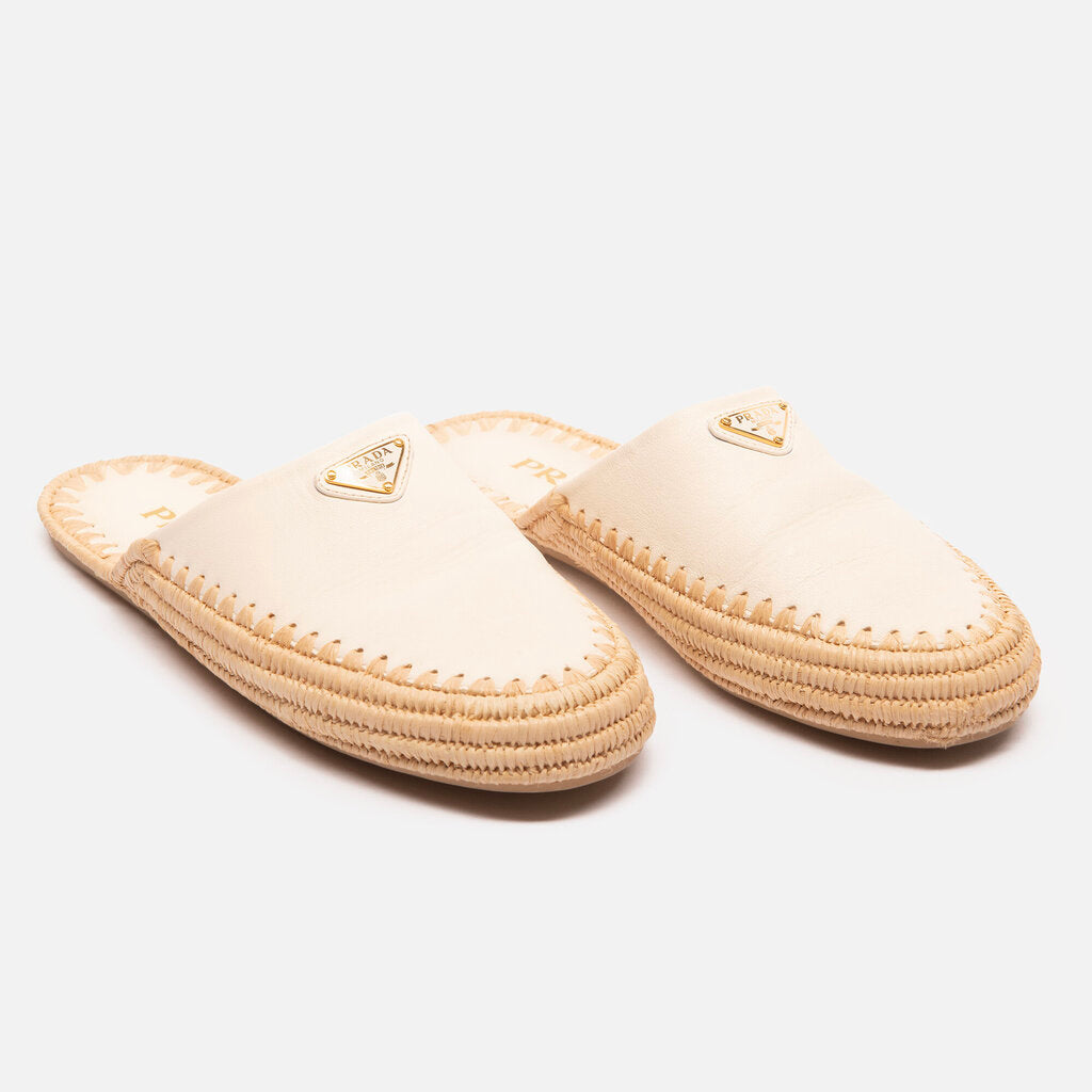 Prada White Leather & Raffia Mules