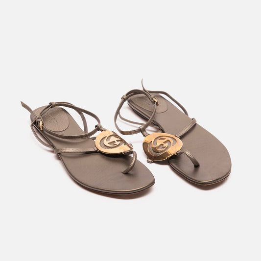 Gucci Bronze Leather & Gold Logo Sandal