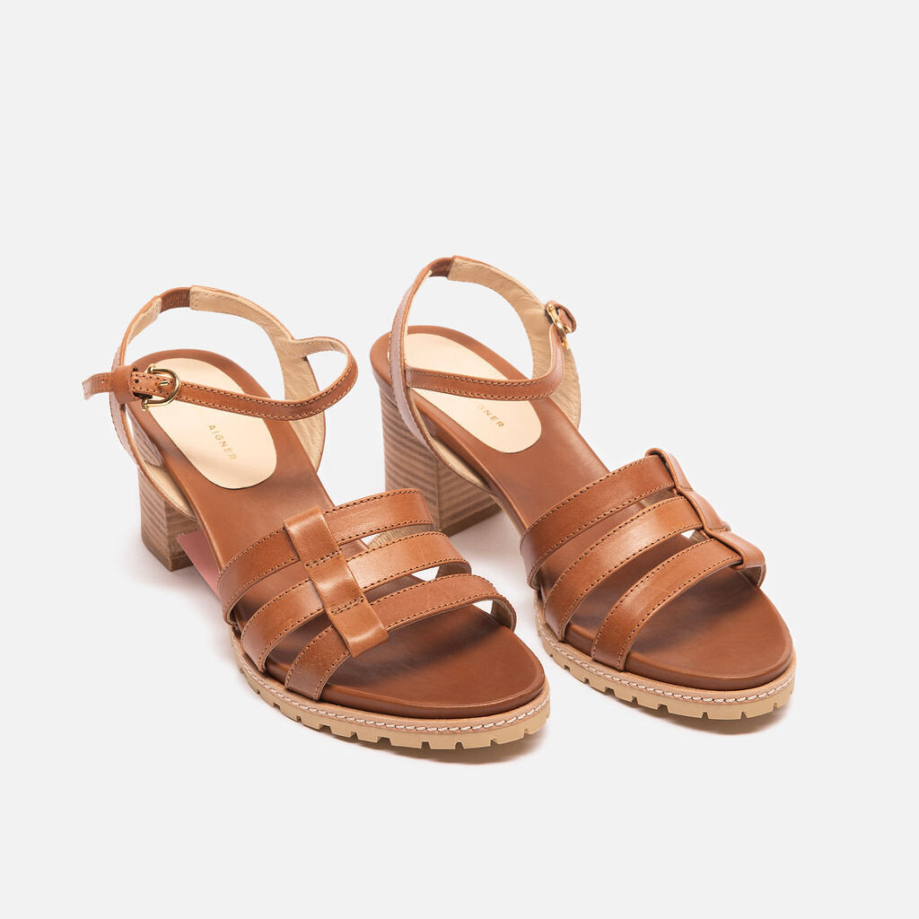 Etienne Aigner Brown Leather Block Heel Sandals