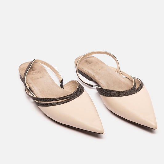 Brunello Cucinelli White Beaded Leather Slingback Flat