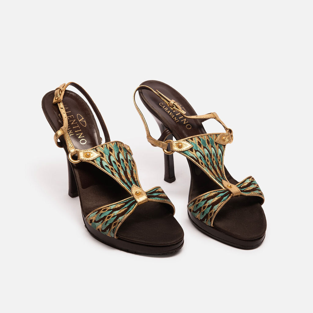 Valentino Brown & Turquoise Wood Heel