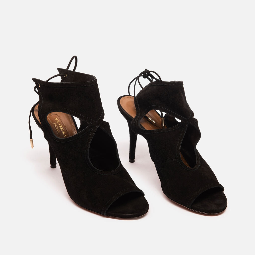Aquazzura Black Suede Strappy Peep Toe Heels