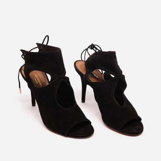 Aquazzura Black Suede Strappy Peep Toe Heels