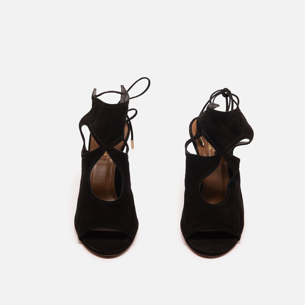 Aquazzura Black Suede Strappy Peep Toe Heels