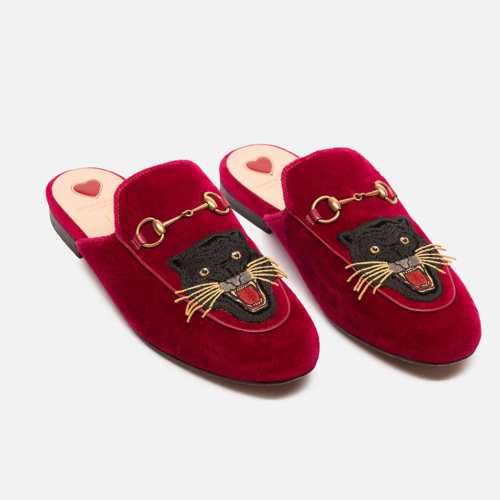 Gucci Red Velvet Panther Mules