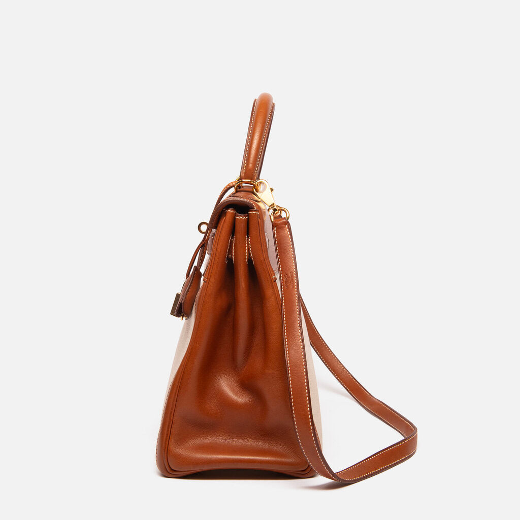 Hermes Gold Saddle Toile Kelly 32 GHW