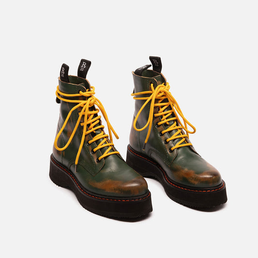 R13 Green Leather Distressed Yellow Lace Combat Boots