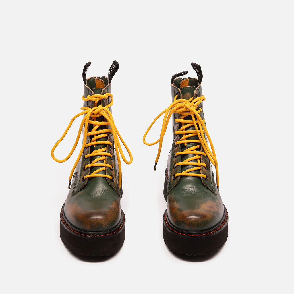 R13 Green Leather Distressed Yellow Lace Combat Boots