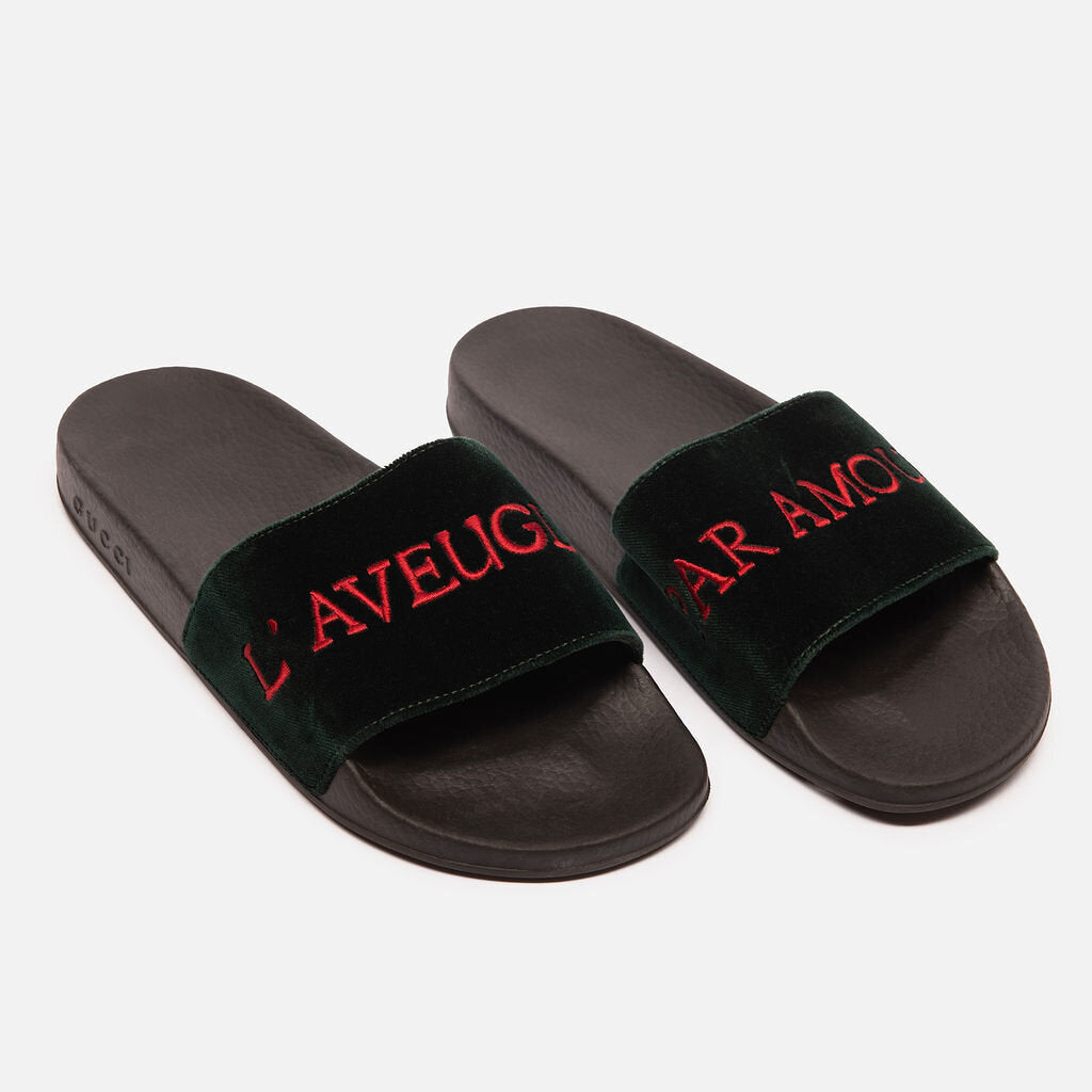 Gucci Green Velvet Red Lettering Slides