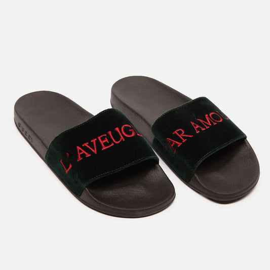 Gucci Green Velvet Red Lettering Slides