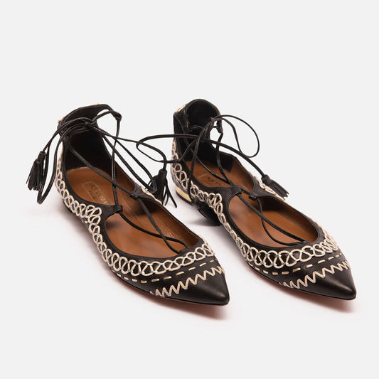 Aquazzura Black Leather White Detail Strappy Flats