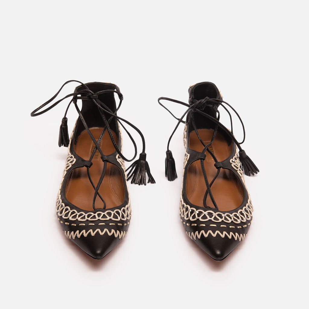 Aquazzura Black Leather White Detail Strappy Flats