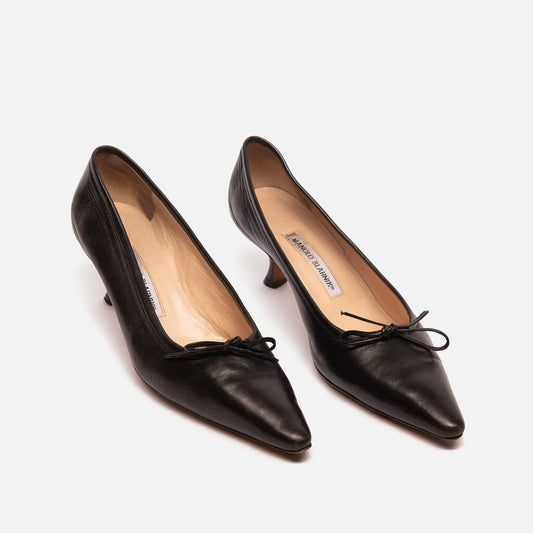 Manolo Blahnik Black Leather Sling Back Kitten Heel