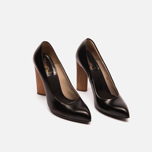 Saint Laurent Black Leather Wood Heel
