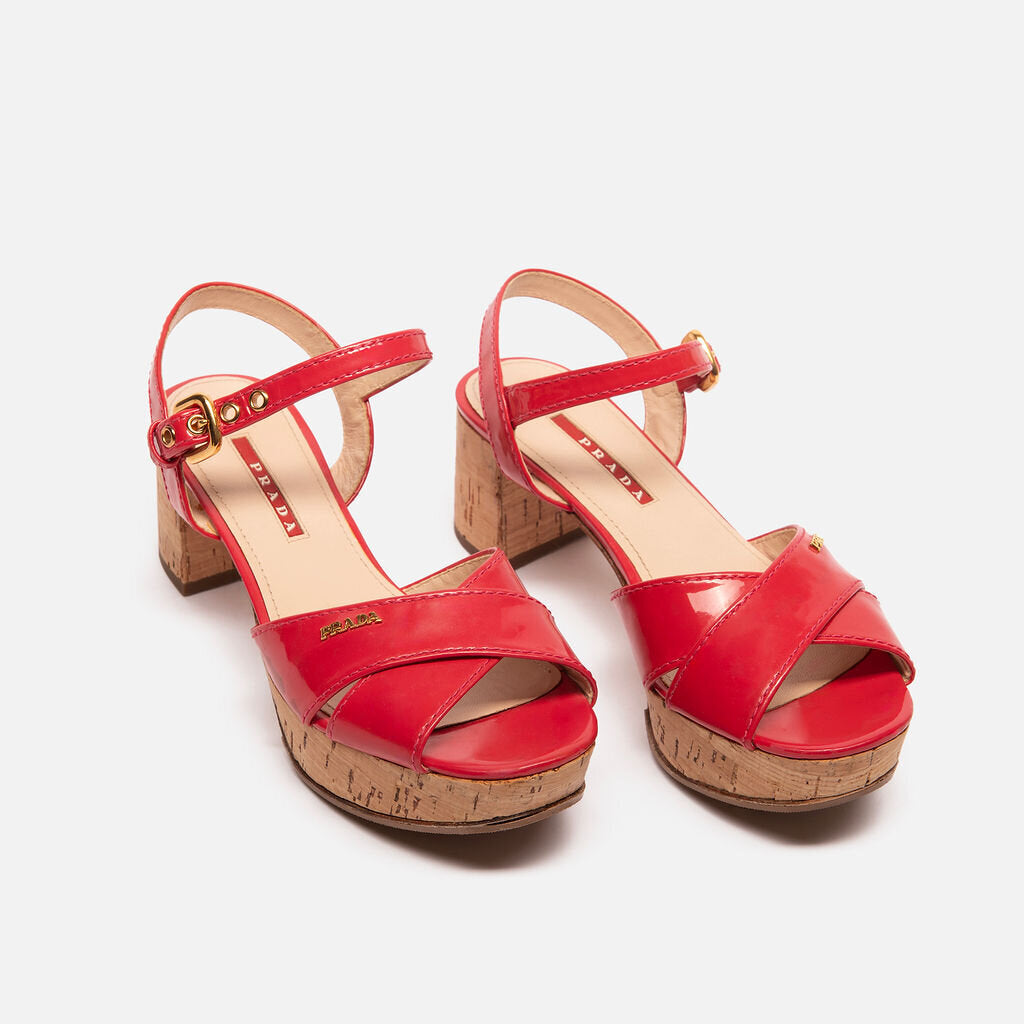 Prada Red Criss Cross Patent Wedge Sandals