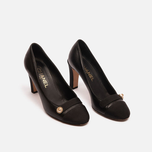 Chanel Black Leather & Satin Pearl Pump