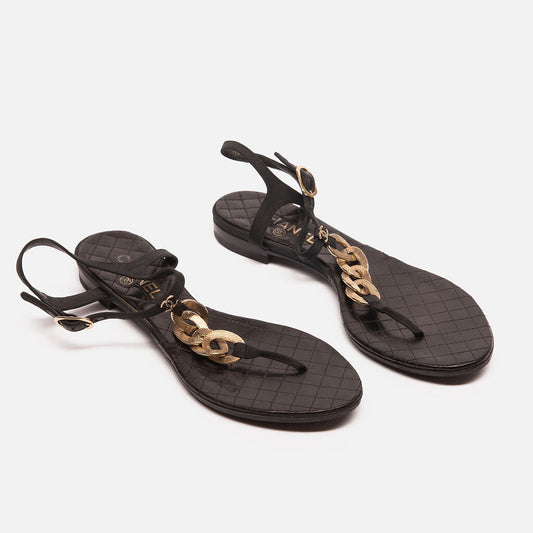 Chanel Black Quilted Leather Gold Chain Sandal