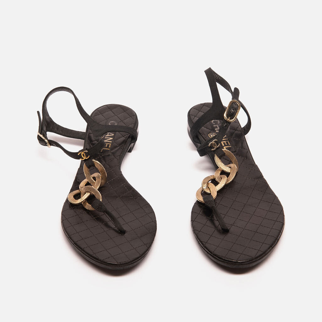 Chanel Black Quilted Leather Gold Chain Sandal