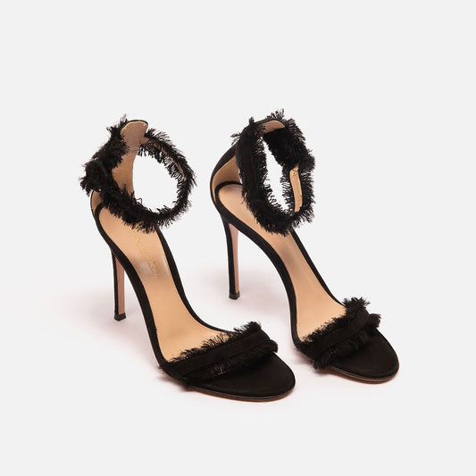 Gianvito Rossi Black Suede Fringe Strap Heels