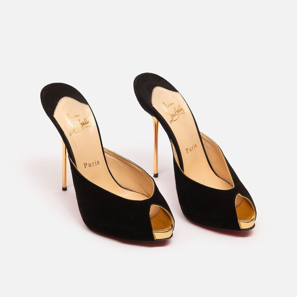 Christian Louboutin Black Suede Peep Toe Gold Heel Pump