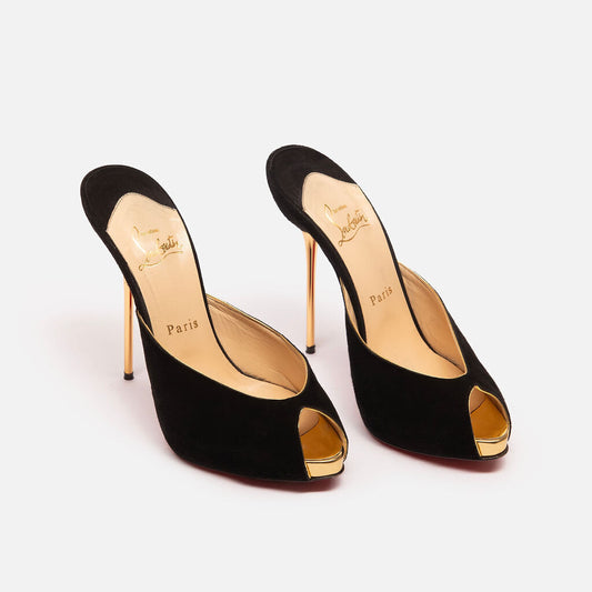 Christian Louboutin Black Suede Peep Toe Gold Heel Pump