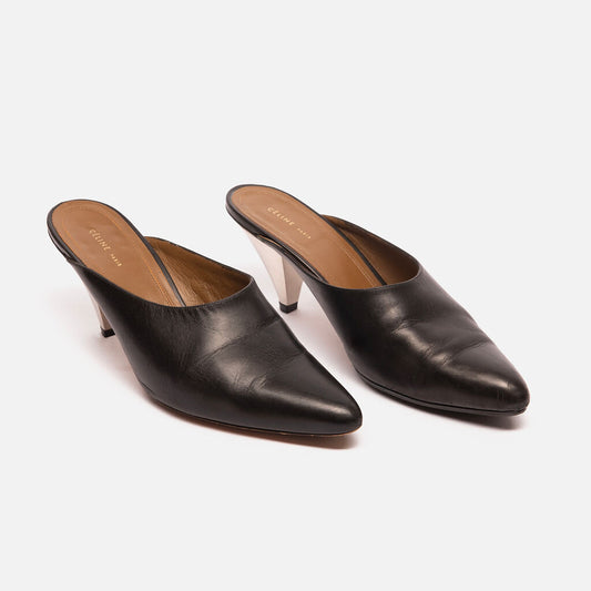 Celine Black Leather Silver Heel Mules