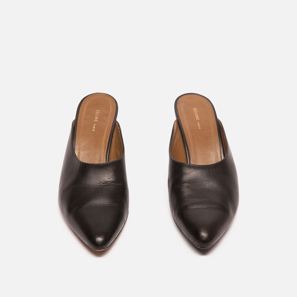 Celine Black Leather Silver Heel Mules