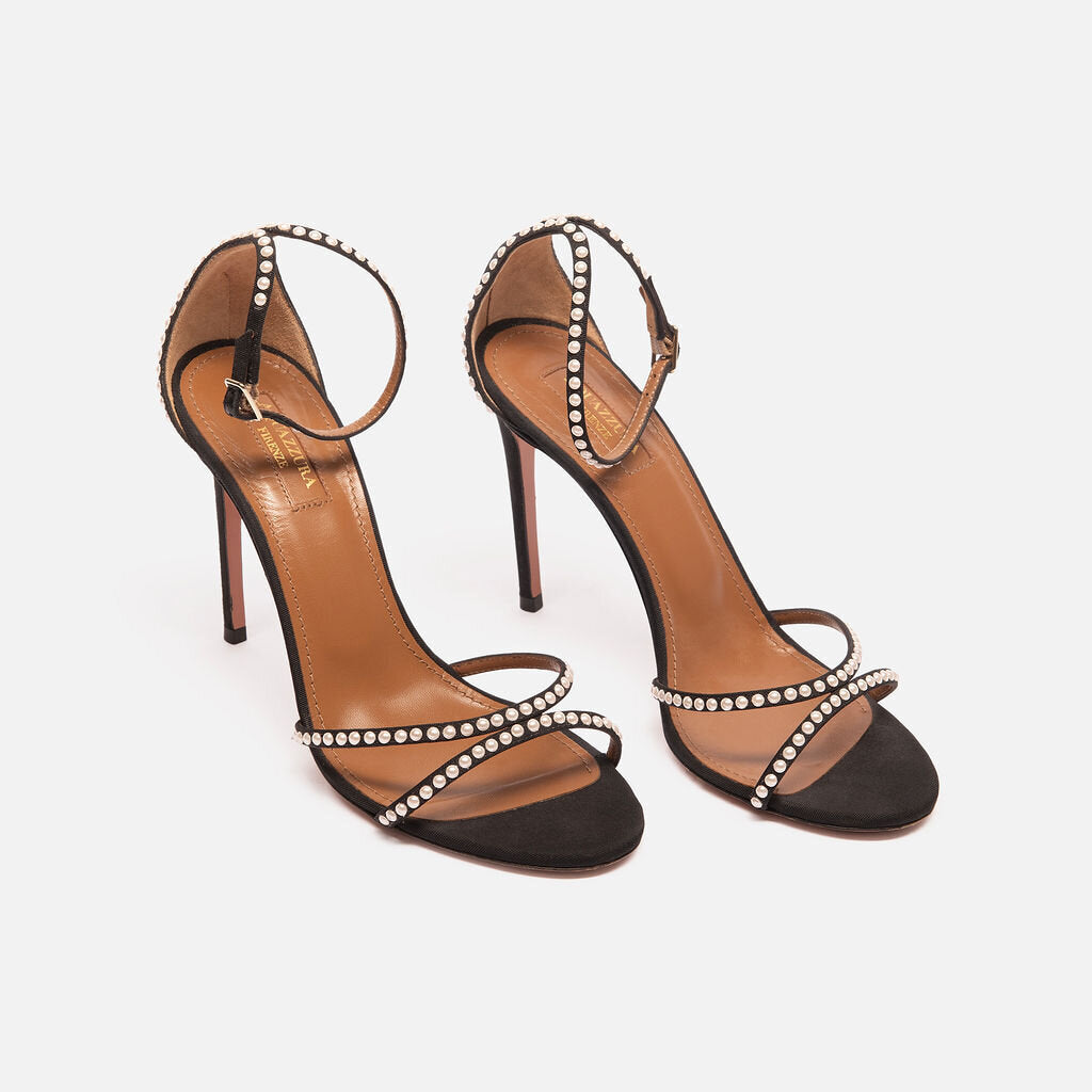Aquazzura Black Grosgrain Pearl-Studded Heeled Sandals