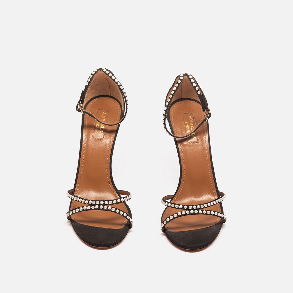Aquazzura Black Grosgrain Pearl-Studded Heeled Sandals
