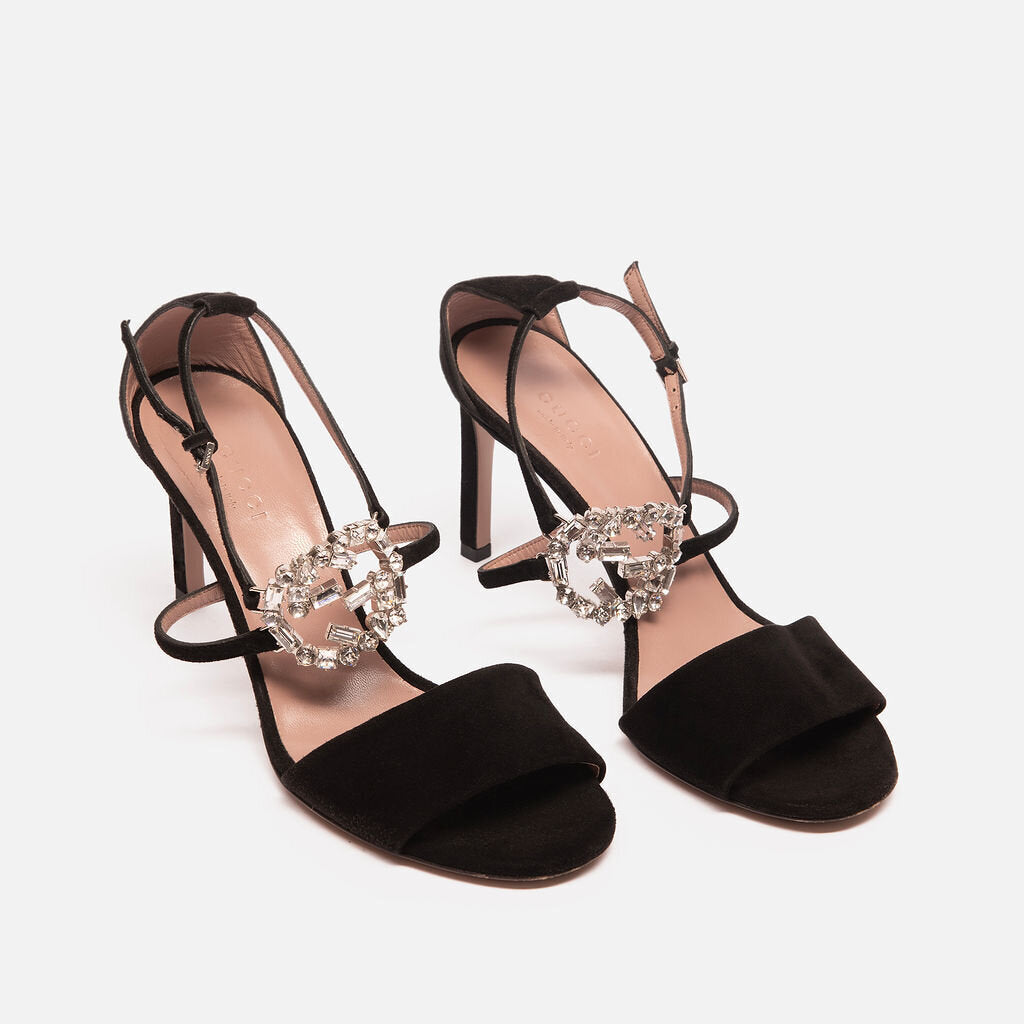 Gucci Black Suede Crystal Heeled Sandals