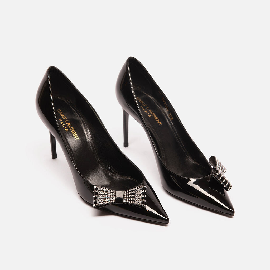Saint Laurent Black Patent Crystal Bow Pumps