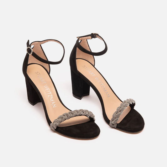 Stuart Weitzman Rhinestone Braided Black Suede Sandal