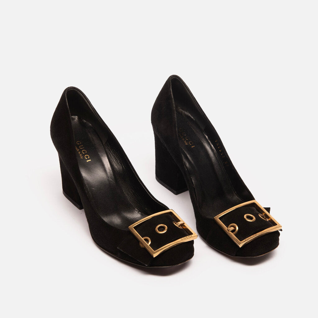 Gucci Black Suede Buckle Pumps