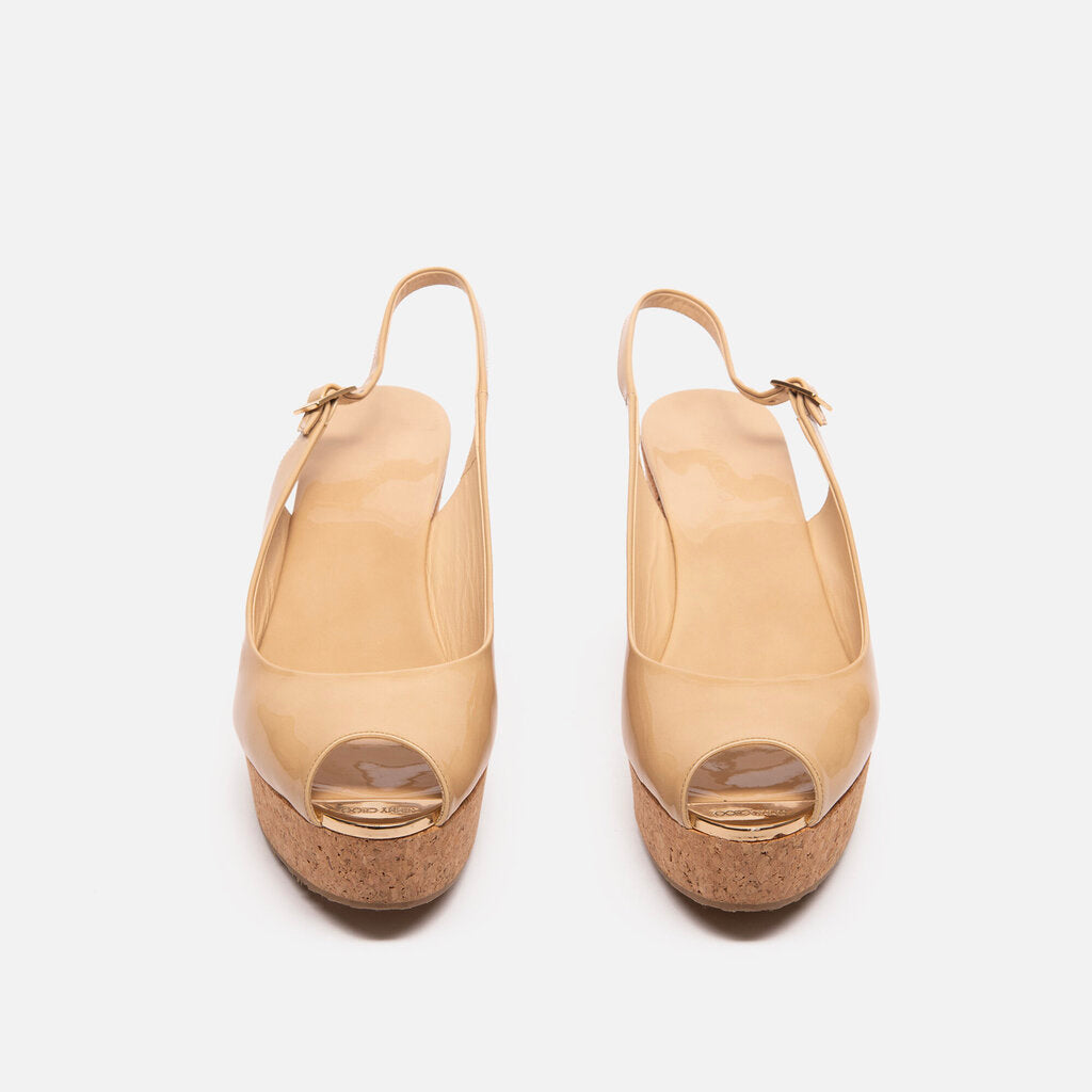 Jimmy Choo Nude Patent Wedge Slingback Sandal